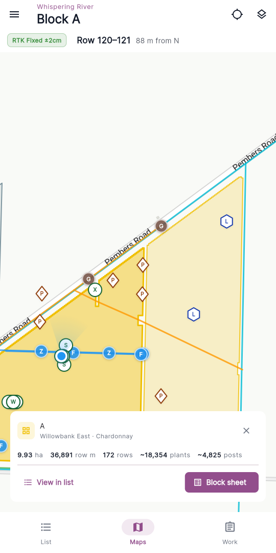 A block detail card open at the bottom of the map, showing the block name, stat strip, and the View in list / Block sheet actions.