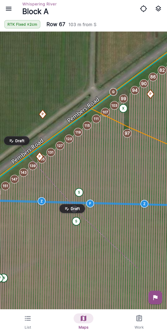 A parked line or area draft drawn as dashed ghost geometry on the Maps tab with its tappable Draft chip at the first point, and a saved feature nearby in solid category colour (Features layer on).