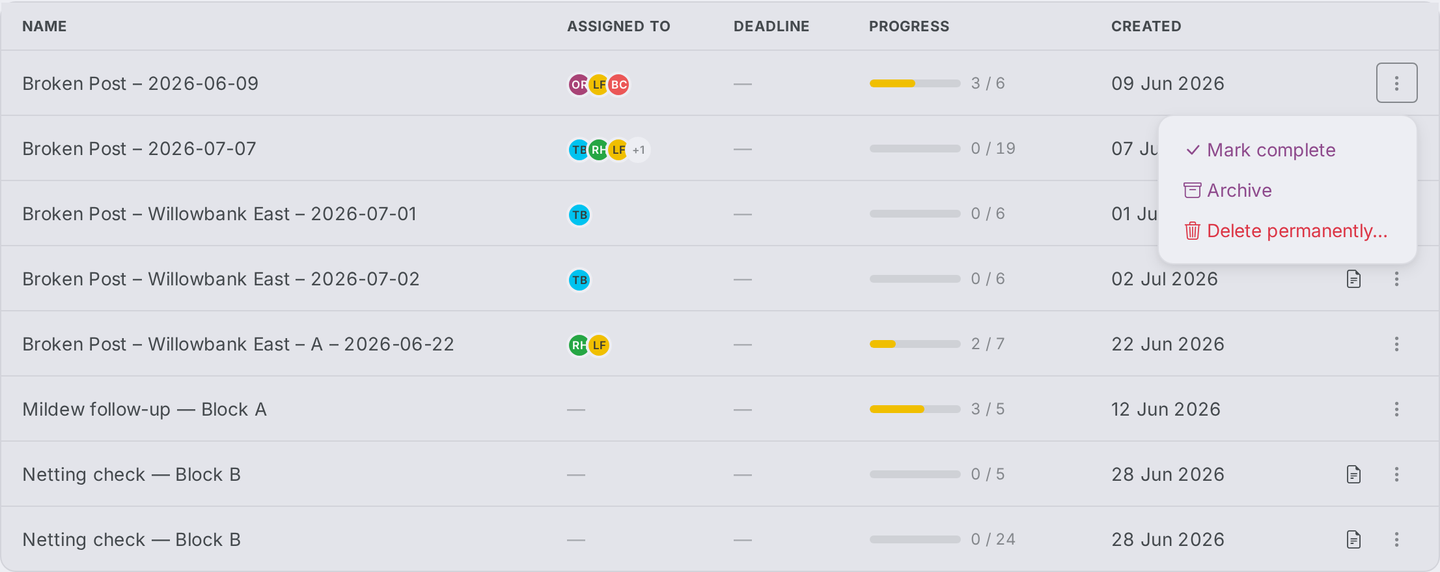 A row's ⋮ menu open showing Mark complete, Archive, and Delete permanently options.