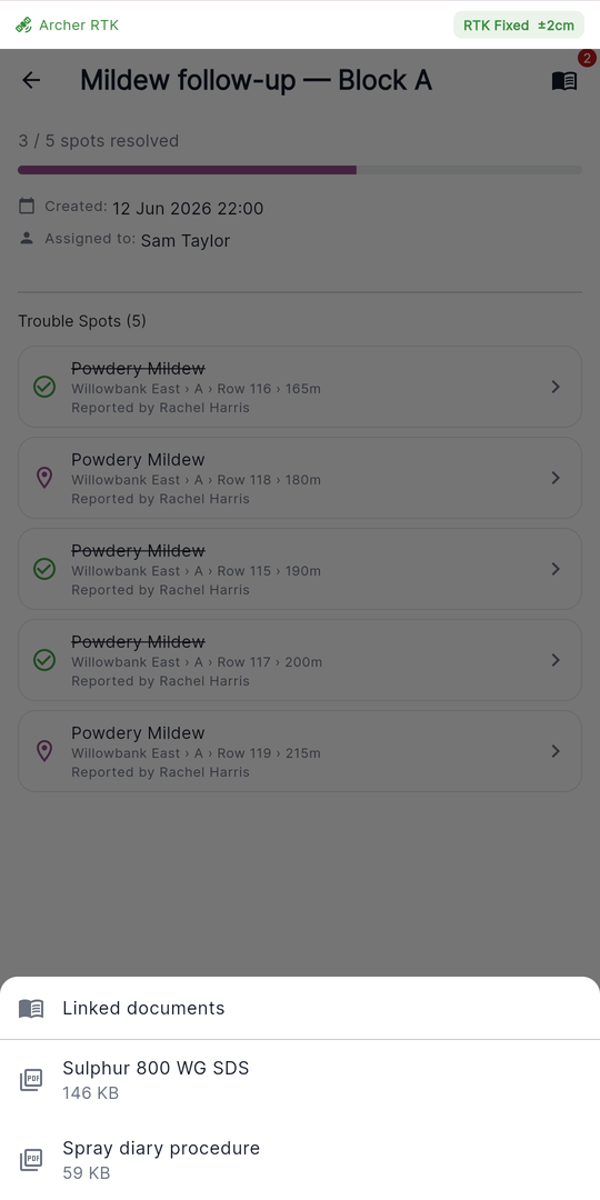A work order detail screen with the book icon and count badge in the app bar, and the Linked documents bottom sheet open.
