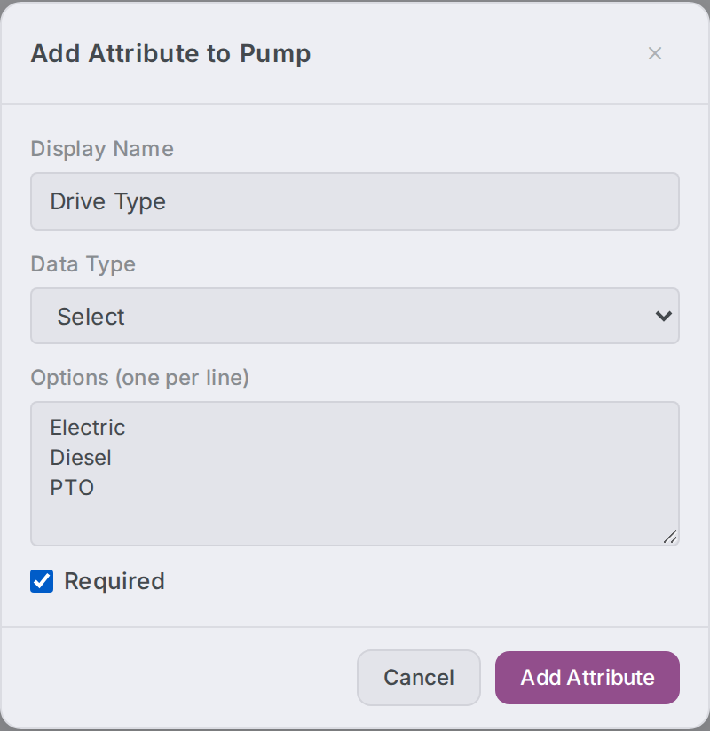 Add Attribute dialog with Data Type set to Select, showing the one-per-line Options box and the Required checkbox.