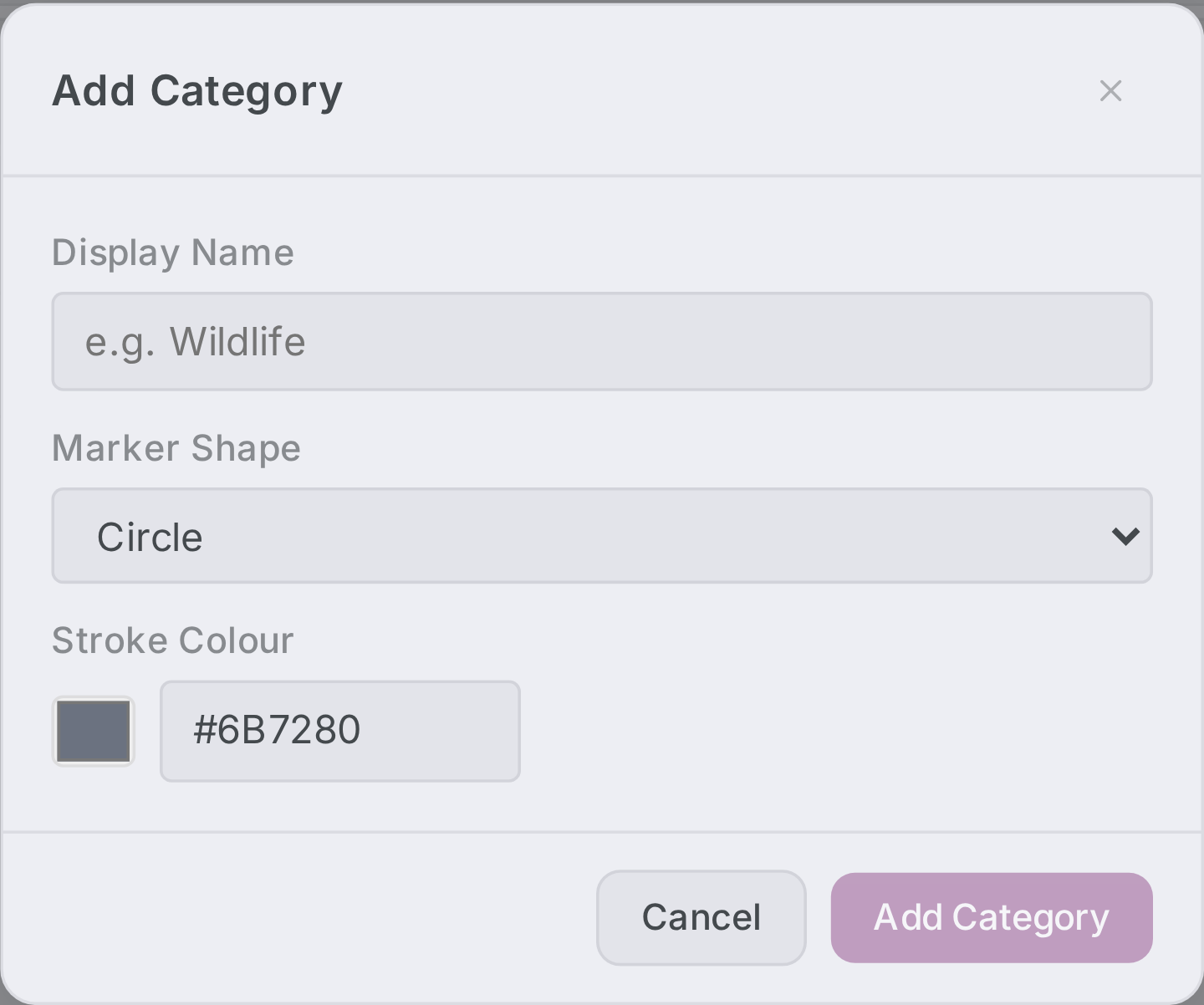 Add Category dialog with Display Name, Marker Shape, and Stroke Colour fields.
