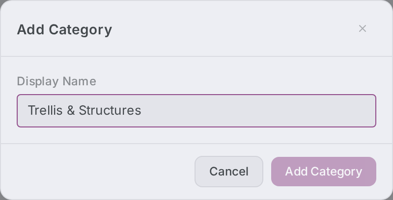 Add Category dialog with the Display Name field filled in.