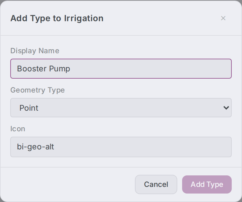 Add Type dialog showing Display Name, the Geometry Type dropdown (Point/Line/Area), and the Icon field.