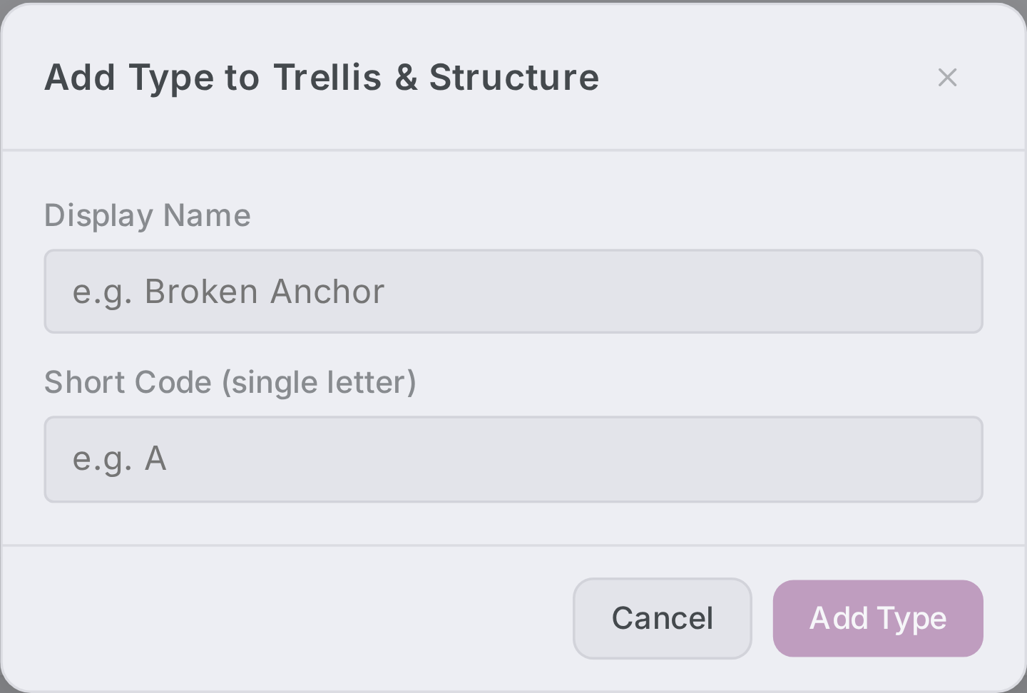 Add Type dialog with Display Name and Short Code (single letter) fields.