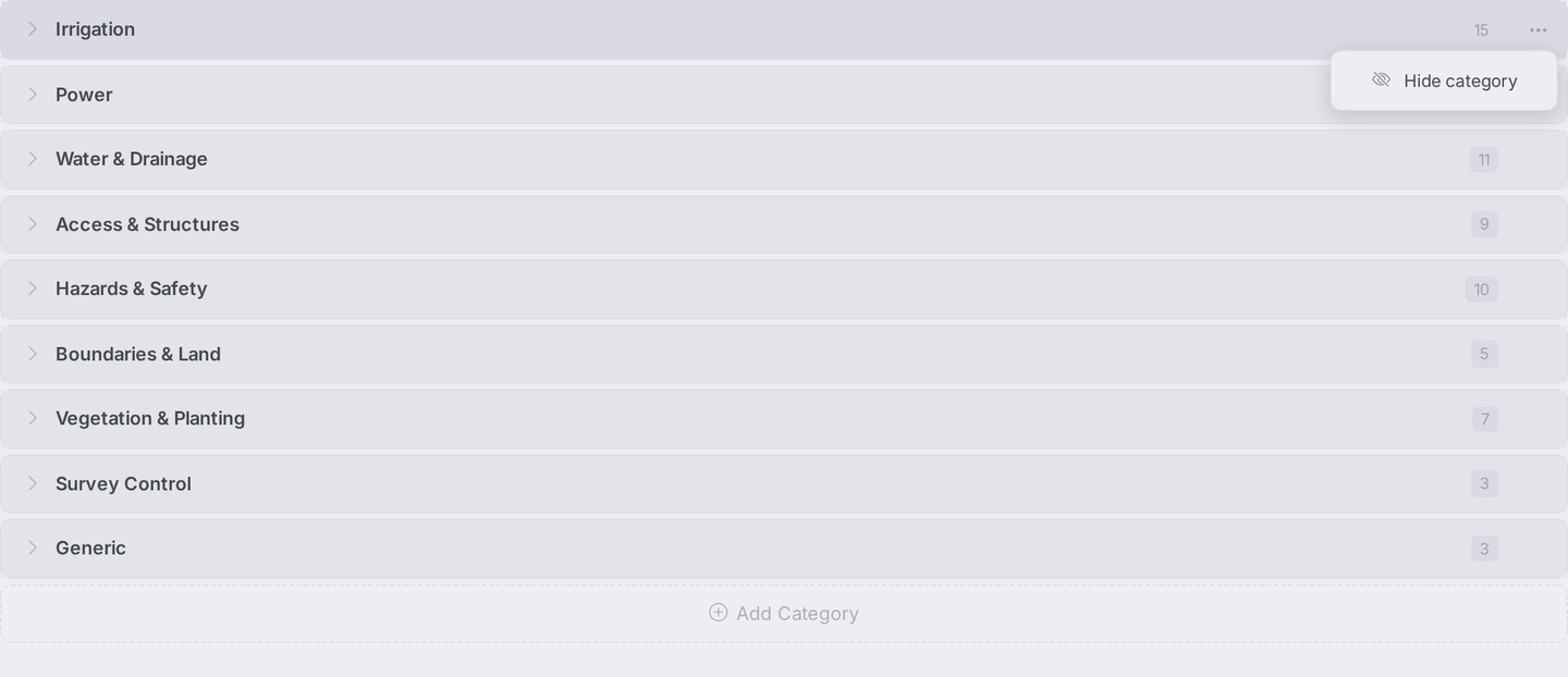 An open three-dot menu on a category row showing Hide category and (for a custom category) Delete category.