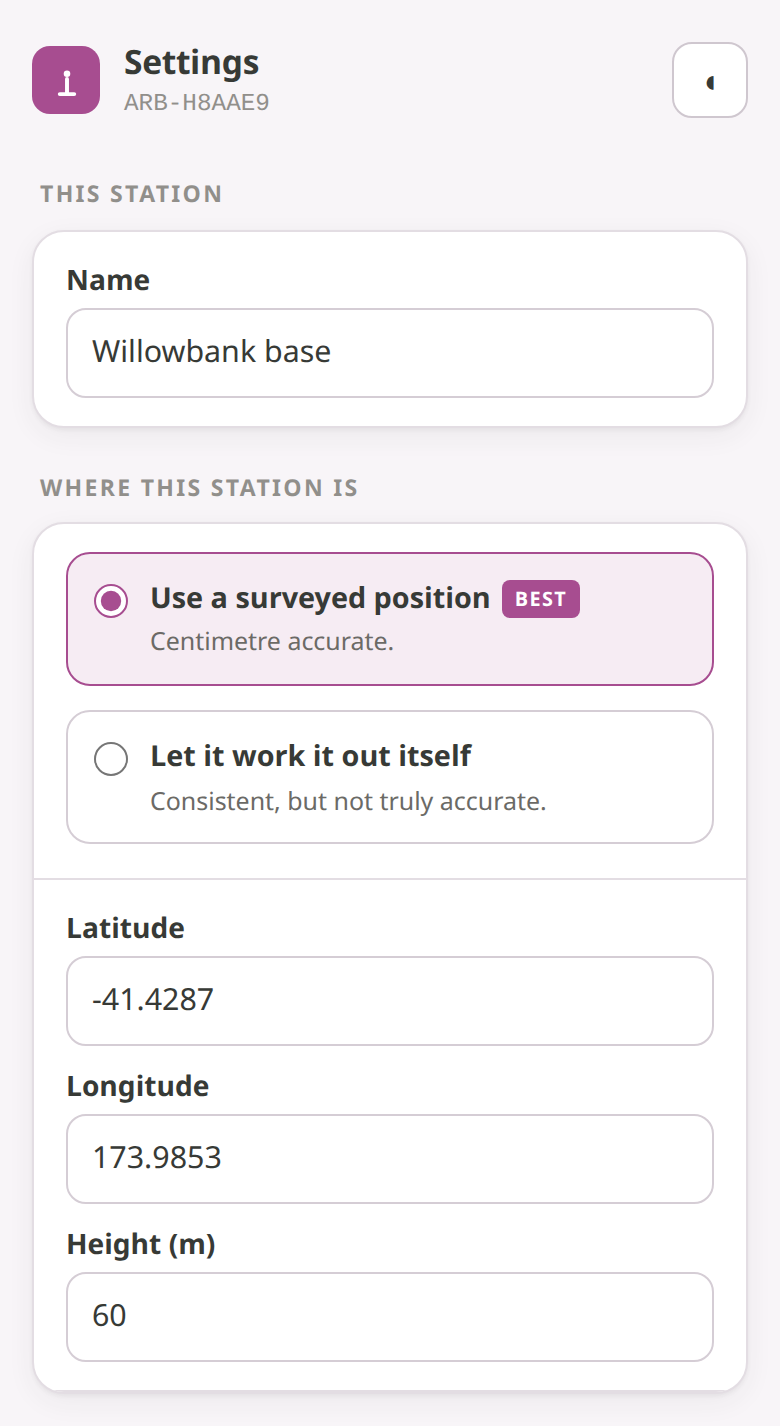 The Settings page: the station's Name, and the Where this station is section with the surveyed / work-it-out-itself choice and latitude, longitude and height