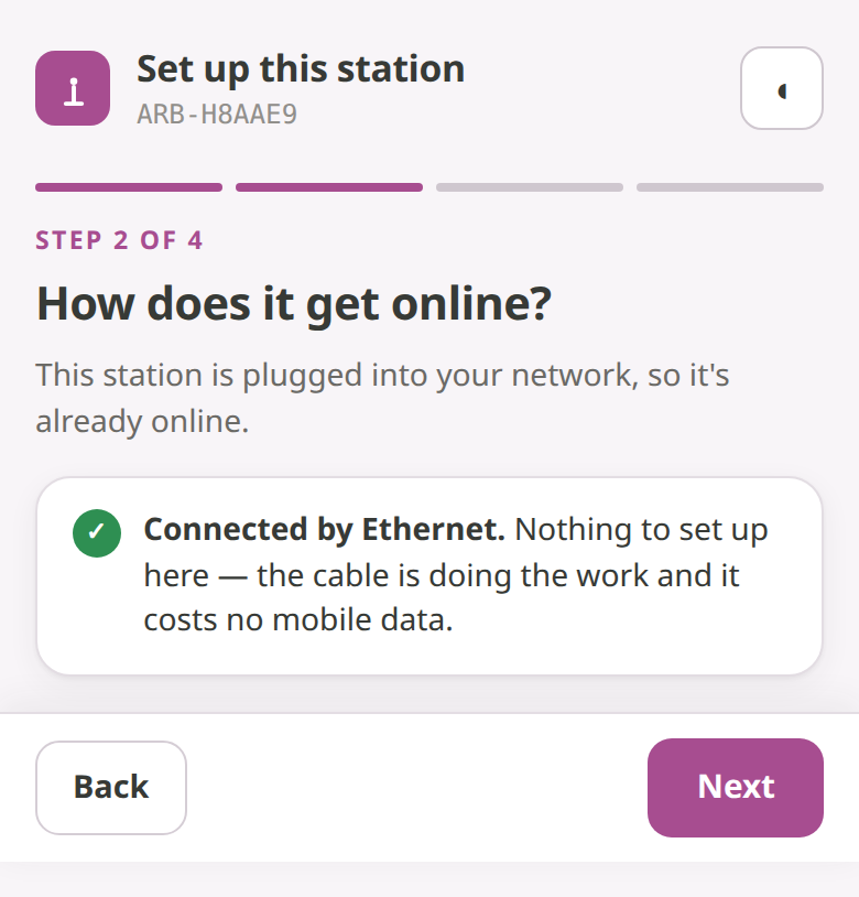 Setup step 2 of 4, How does it get online, showing Connected by Ethernet