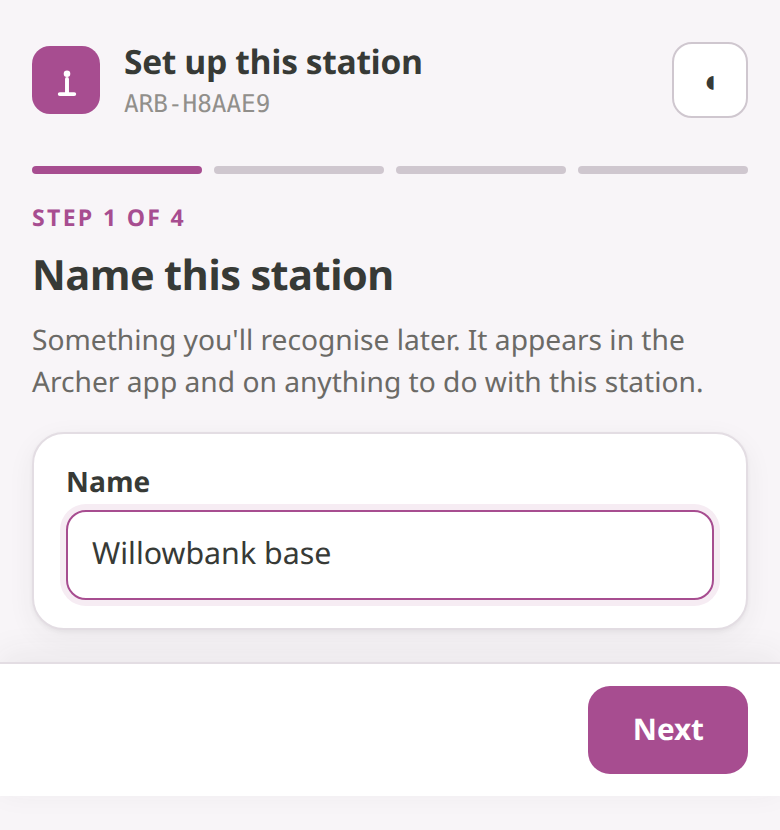 Setup step 1 of 4, Name this station, with the name "Willowbank base" filled in