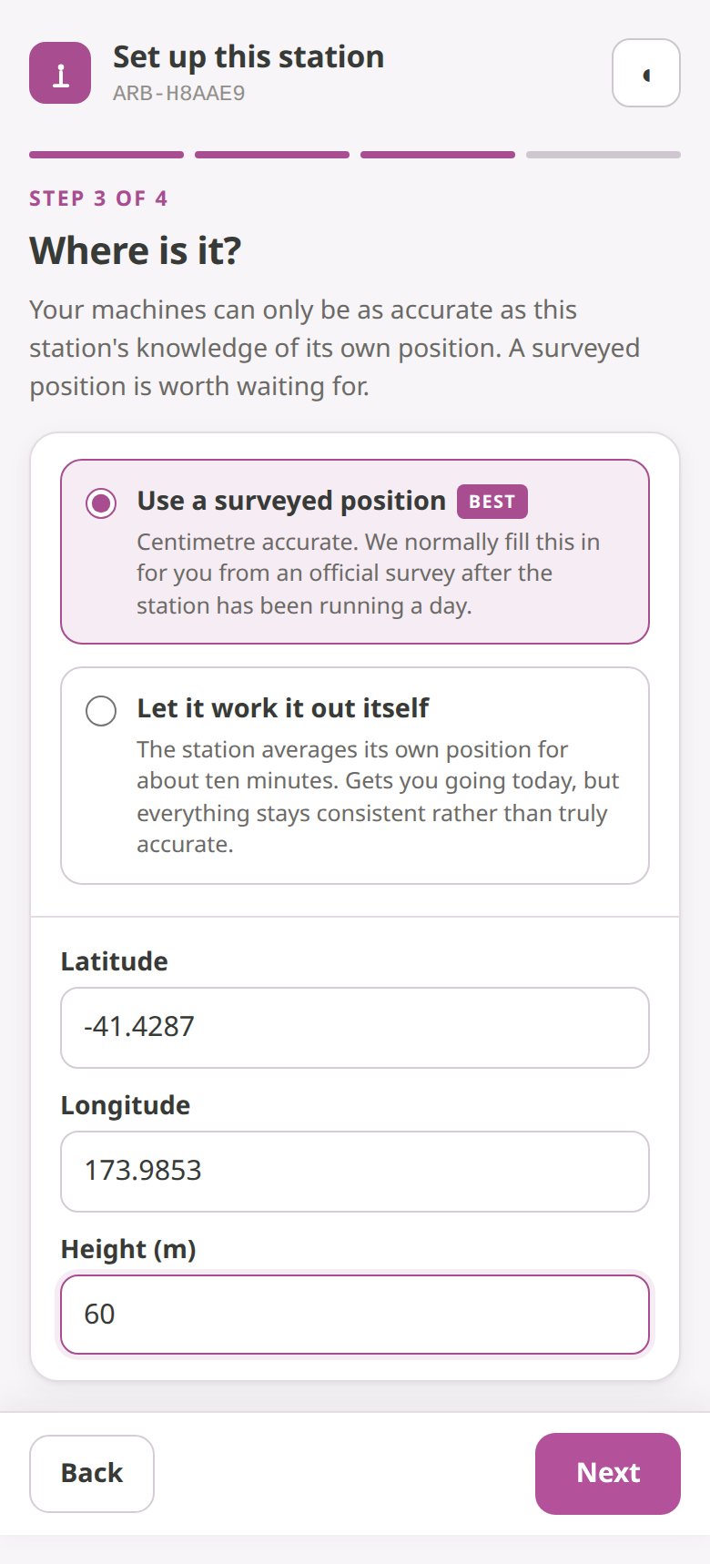 Setup step 3 of 4, Where is it, with "Use a surveyed position" selected and latitude, longitude and height filled in