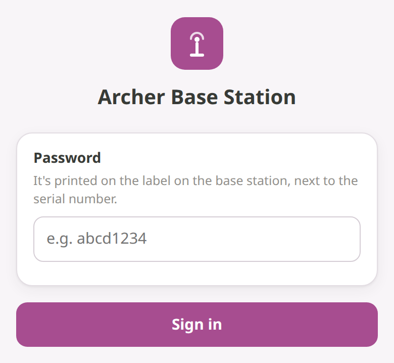 The Archer Base Station sign-in page, asking for the password printed on the label next to the serial number