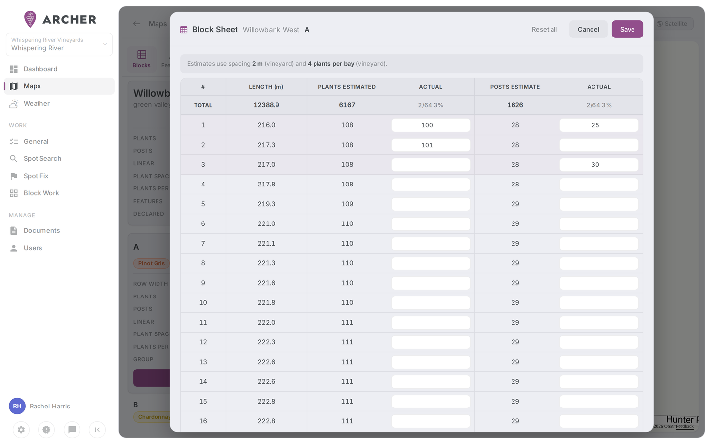 Block sheet edit mode with per-row Actual plants and Actual posts inputs and the Total row's fill counts.