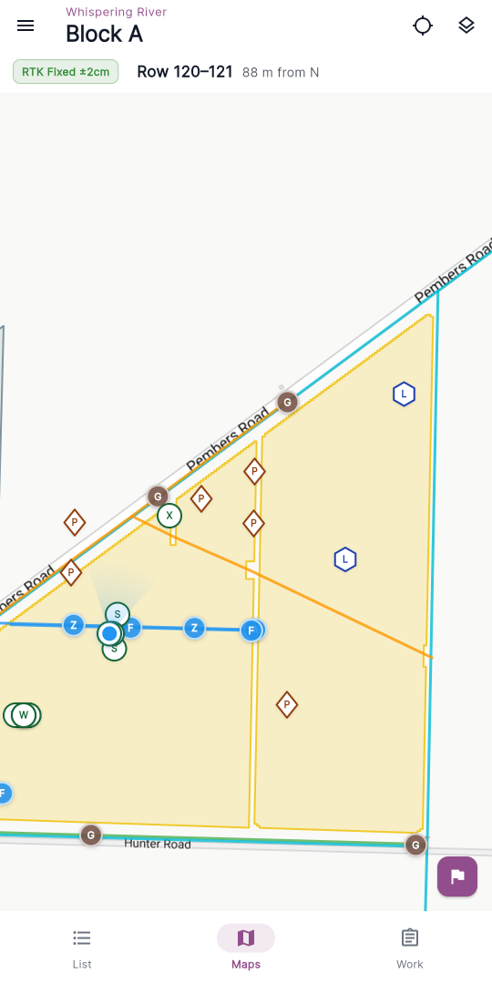 Close-up of the map showing a few trouble spot markers of different shapes and colours, each with its short-code letter.