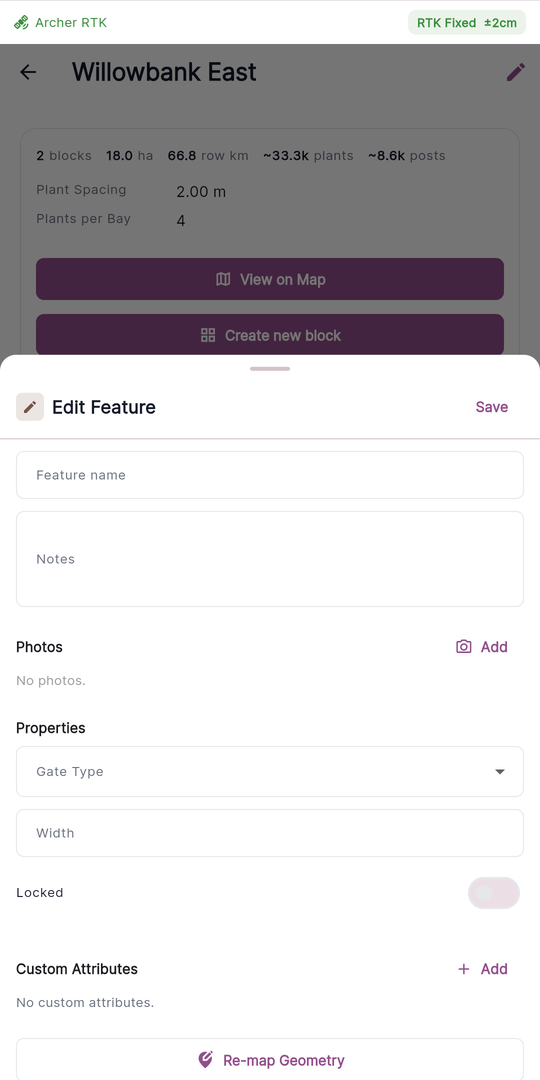 Edit Feature sheet scrolled to show Feature name, Notes, Photos, Properties and the Re-map Geometry button at the foot, with Save in the sheet header.