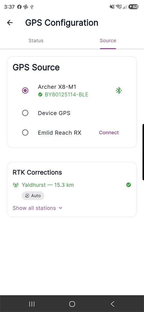 The Source tab with Archer X8-M1 connected, taking RTK corrections from the nearest base