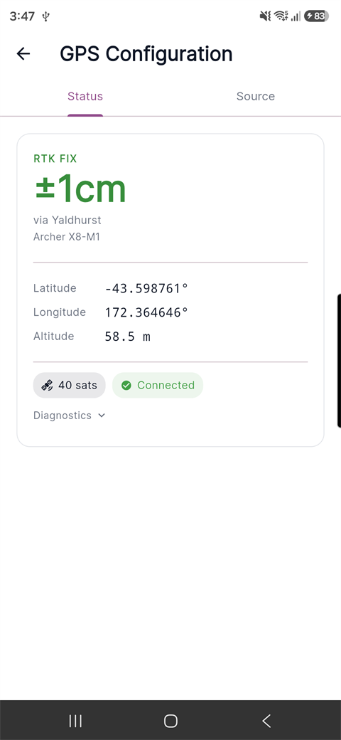 The Status tab — connected to the Archer X8-M1, showing live accuracy and fix state
