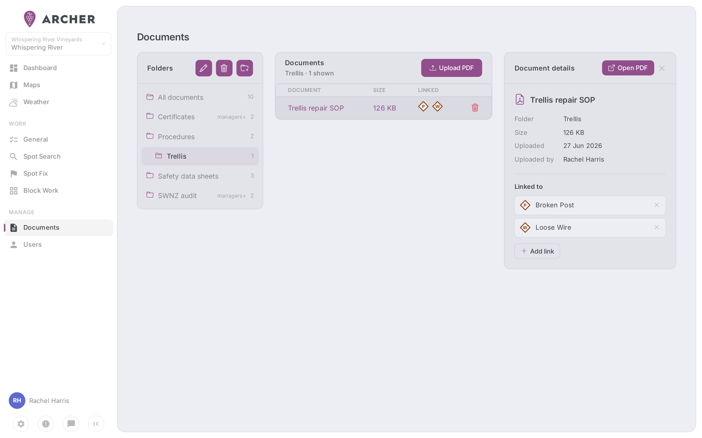 Manage → Documents with a folder selected — folder tree with audience tags and counts, document list with the Linked column, and the detail panel open.