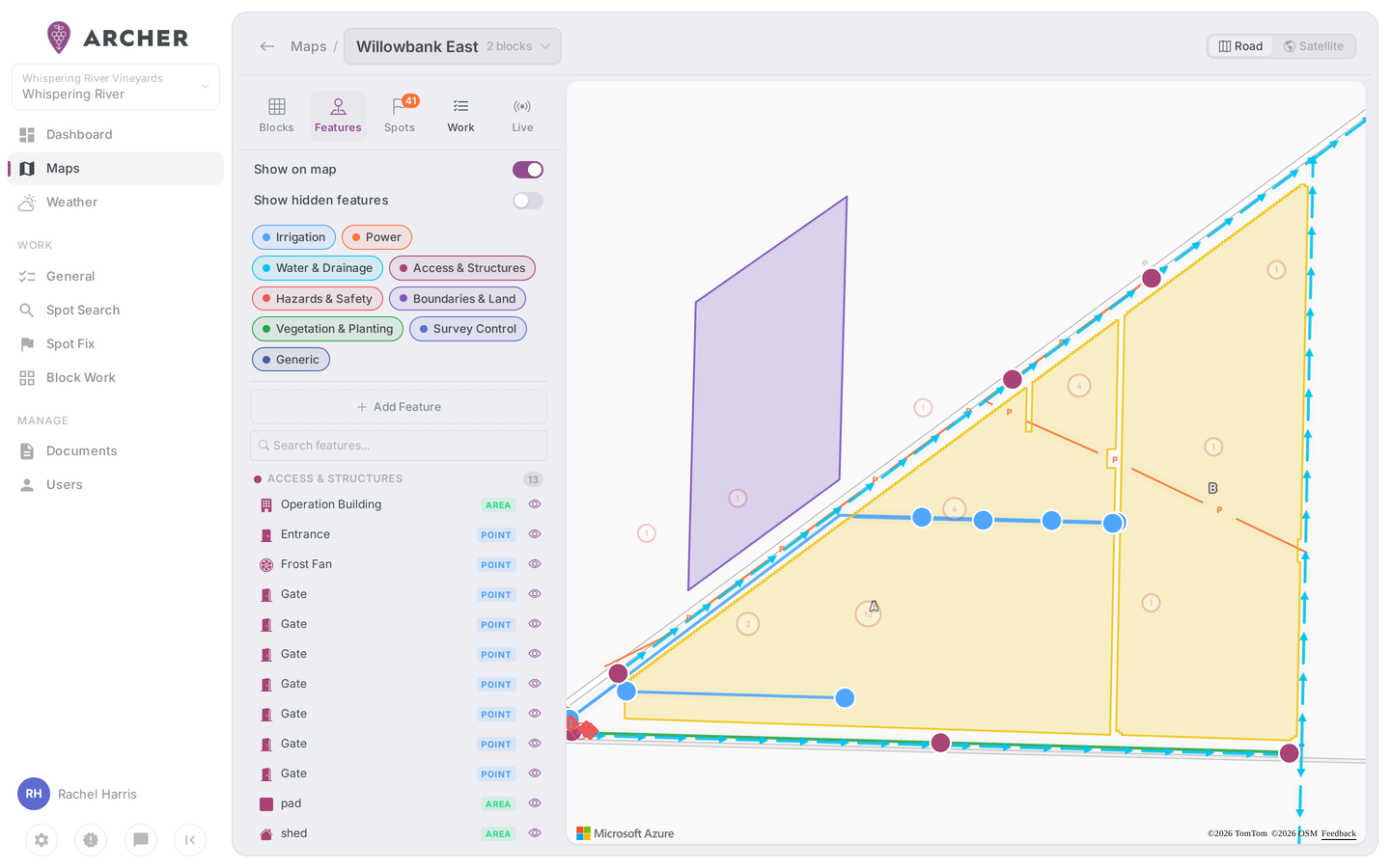 Maps page with the Blocks/Features pill switch and the category-grouped feature sidebar.