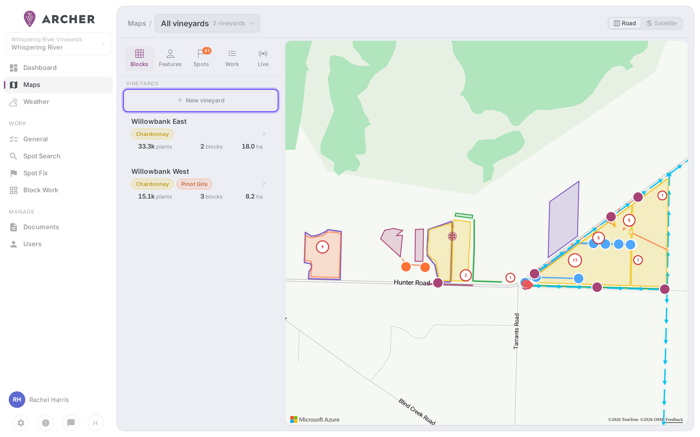 Maps page with the Vineyards list in the sidebar and the New vineyard button highlighted.