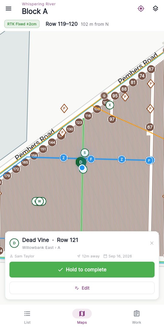Maps tab with several trouble spot markers; one tapped to reveal its detail card.