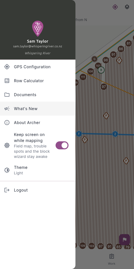 Mobile drawer open, highlighting the What's New entry with its megaphone icon.