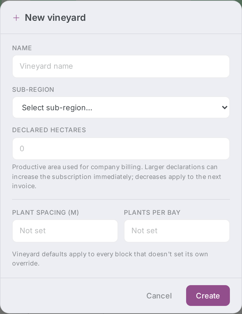 New vineyard form dialog showing Name, Sub-region, Declared hectares, Plant spacing (m), and Plants per bay.