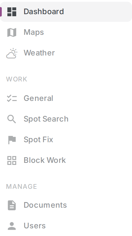 Portal left nav showing the WORK section with General, Spot Search and Spot Fix entries.