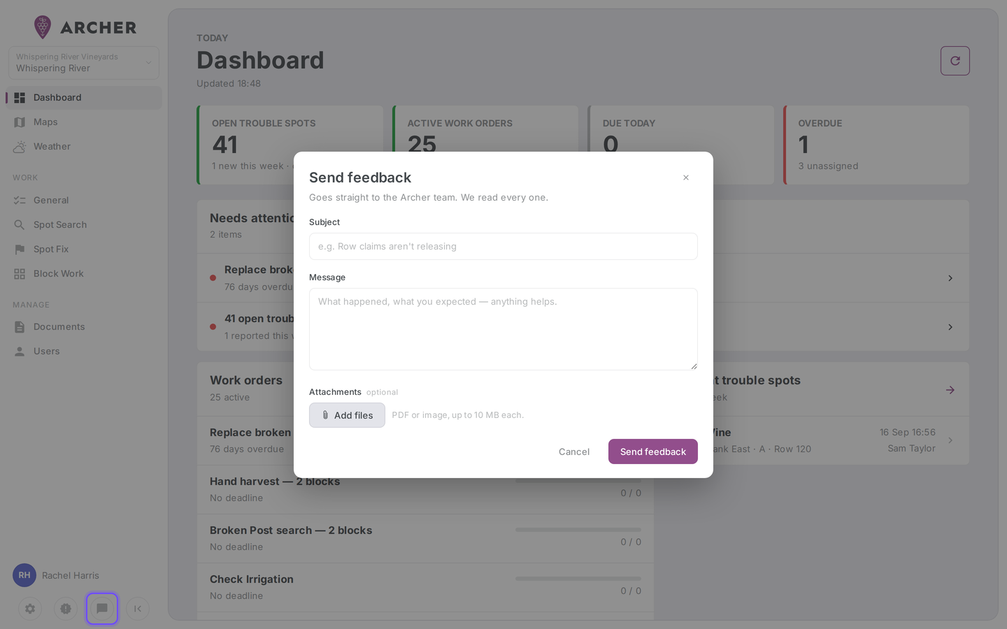 Portal left sidebar with the speech-bubble Submit Feedback icon highlighted, and the open feedback dialog showing Subject, Message, and the Add files button.