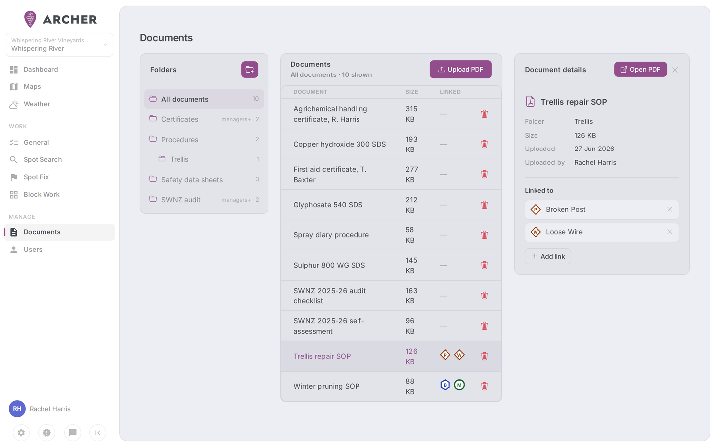 Portal Manage → Documents page — folder tree on the left, document list in the middle, and a document's detail panel on the right.