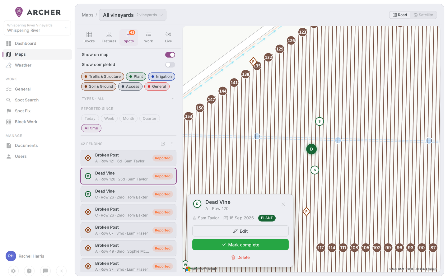 Portal Maps page with a trouble spot's detail card open — type and block · row header, Mark complete and Edit actions.