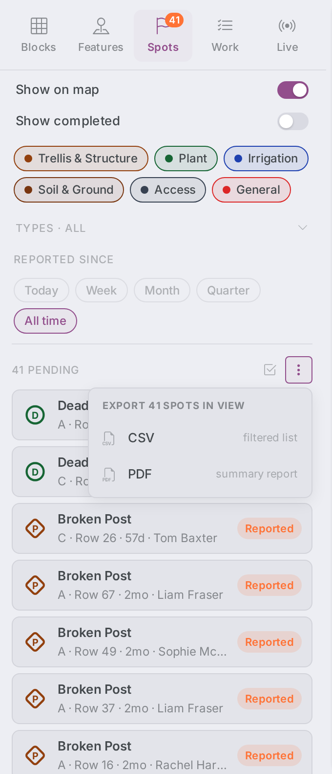 Portal Maps Spots lens header — the Export dropdown open (CSV / PDF) and the selection tools.
