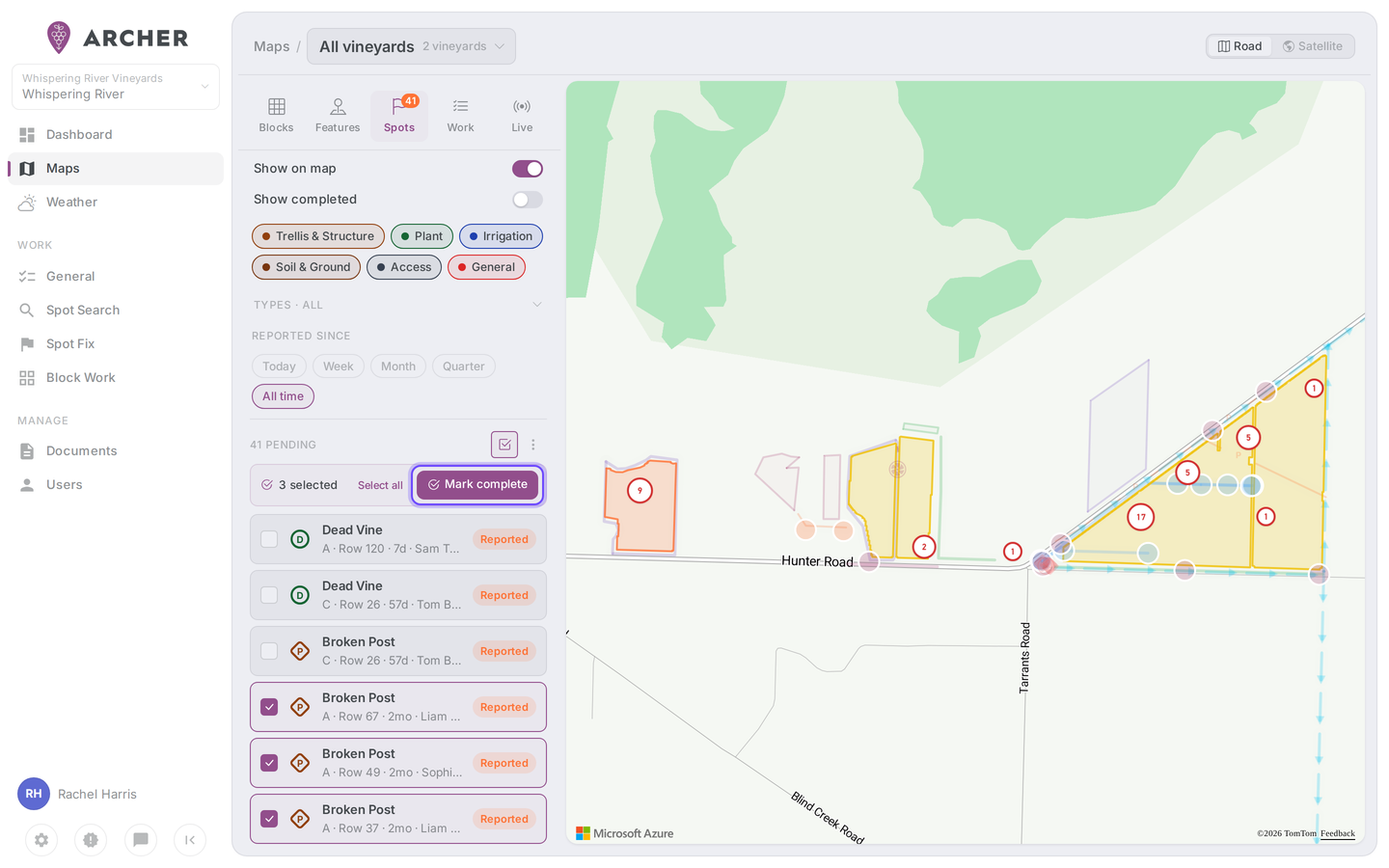 Portal Maps Spots lens in selection mode — several pending spots selected and the Mark complete button.