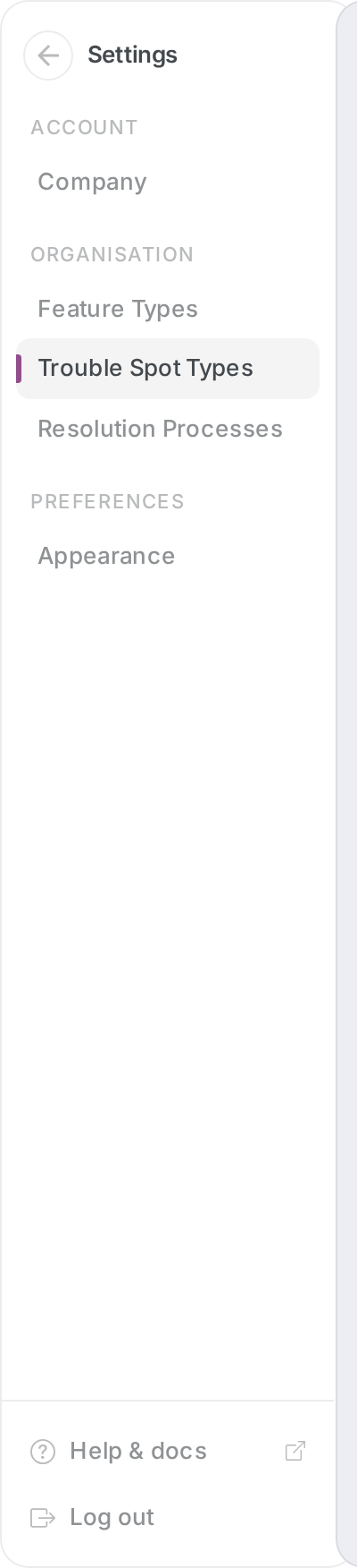 Portal Settings sub-menu with Trouble Spot Types highlighted under Organisation.