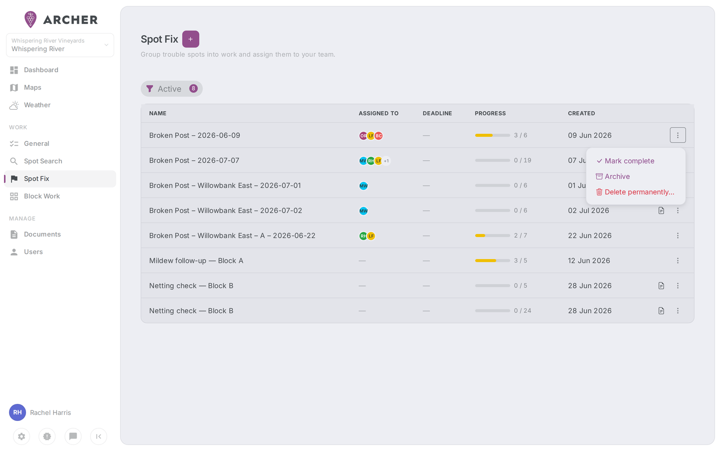 Portal Spot Fix page from the WORK nav section — the status filter above a table of work orders with assignee avatars, deadline labels, progress bars, and a ⋮ menu on each row.