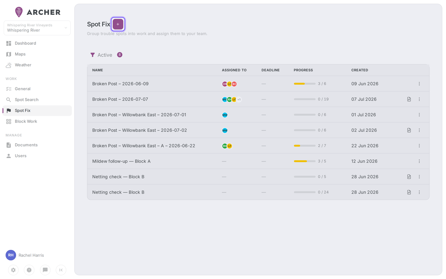 Portal WORK nav section with the Spot Fix page open and the + button highlighted in the top-right.