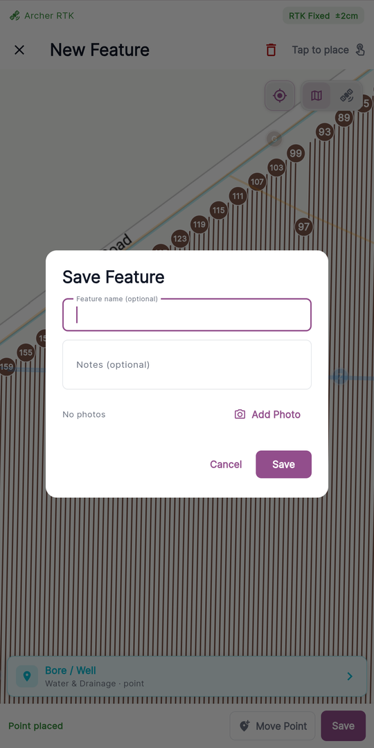 Save Feature dialog with Feature name (optional) and Notes (optional), the photo counter (No photos) beside Add Photo, and Cancel / Save.