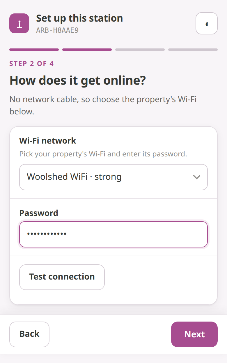 Setup step 2 of 4 showing the Wi-Fi network list, with a network chosen and the password field and Test connection button.