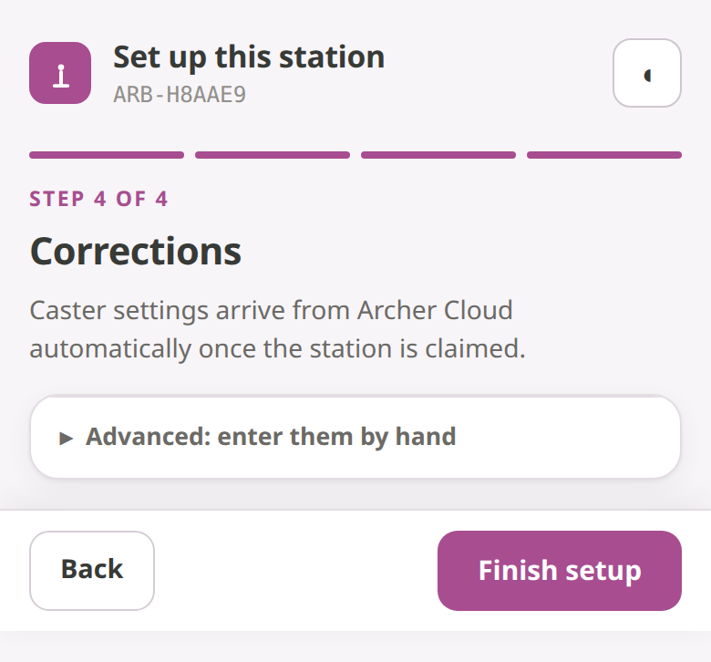 Setup step 4 of 4, Corrections, with the Finish setup button.