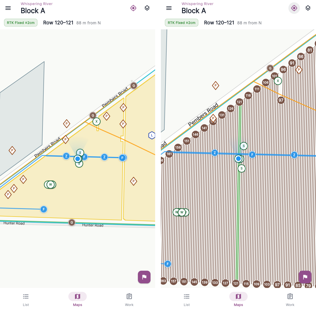 Side-by-side of the same block zoomed out (filled outline) and zoomed in (row lines with numbered bubbles).