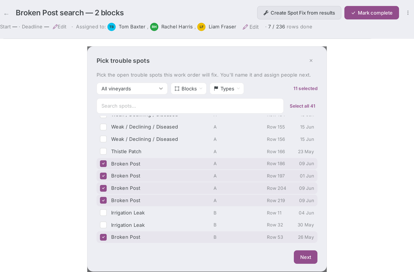 Spot Search detail page header with the Create Spot Fix from results button, and the Spot Fix wizard opening prefilled with the matching spots.