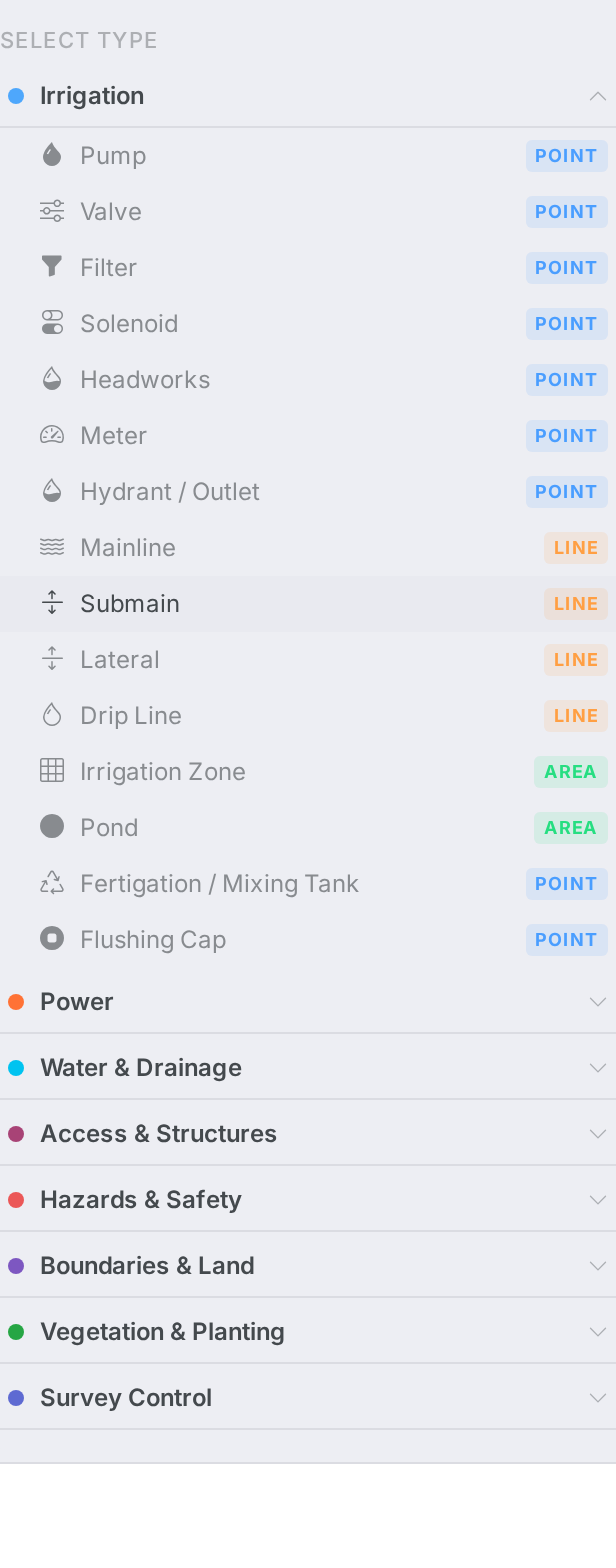 The Add Feature type picker, categories expanded, with Point/Line/Area geometry badges.