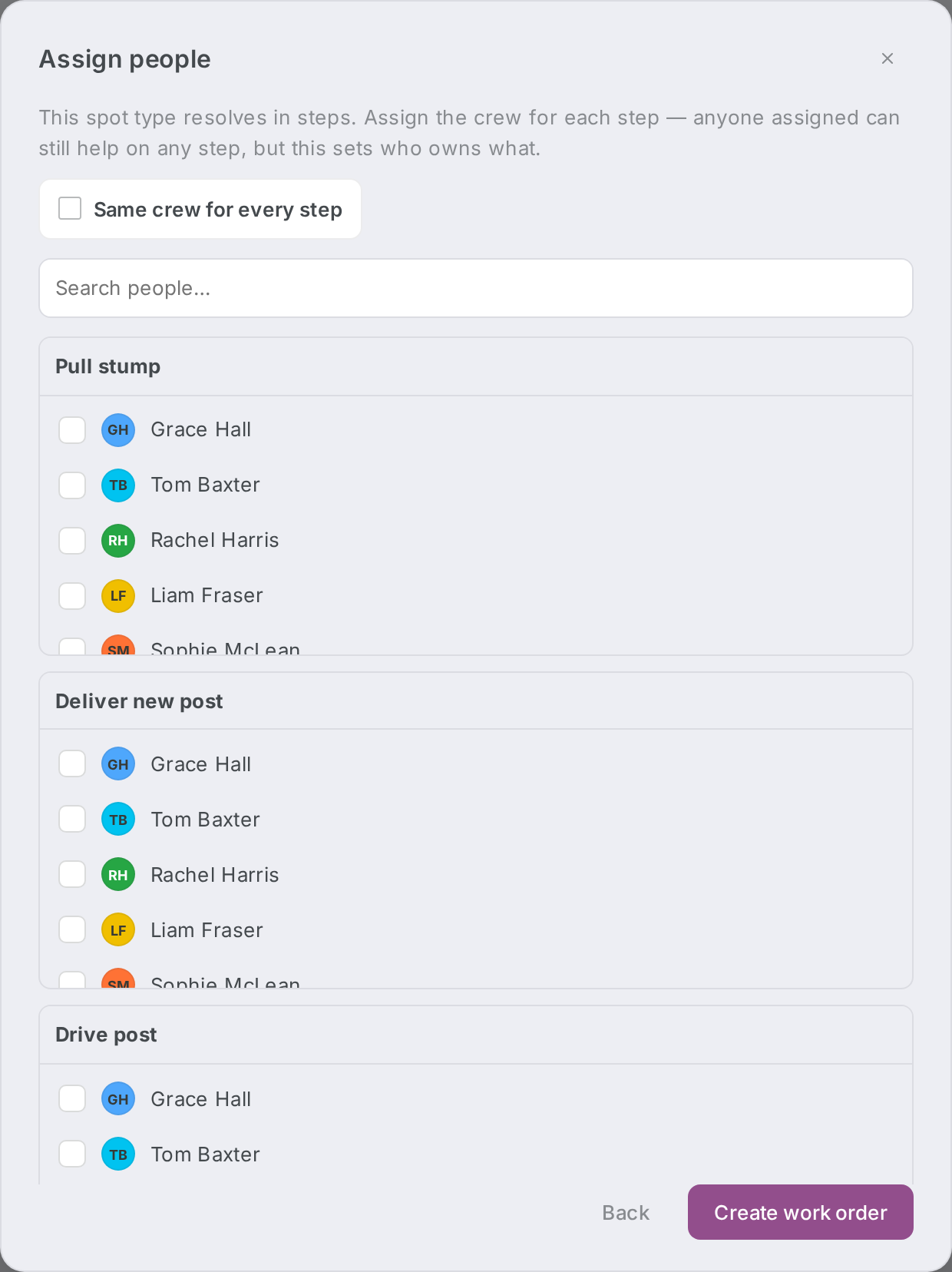 The Assign people step showing per-step people pickers and the Same crew for every step toggle.