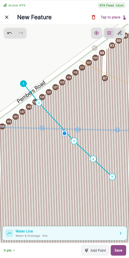 The capture bar during line or area capture — 5 pts with Add Point and Save, and the undo/redo pill floating top-left on the map.