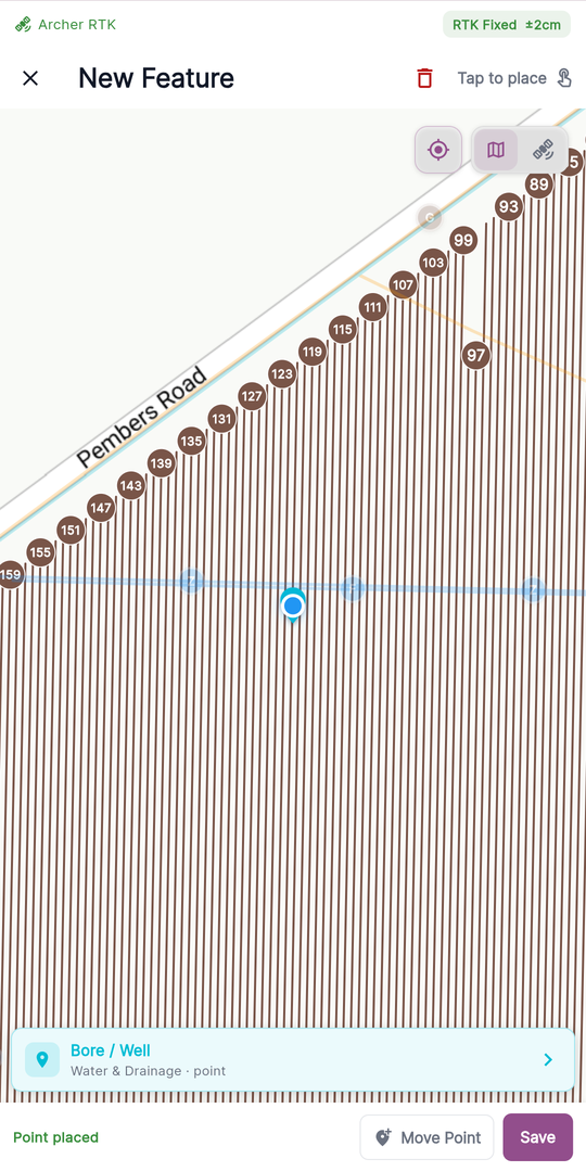 The capture bar during point capture — Point placed with the Move Point and Save buttons, and no undo/redo pill.