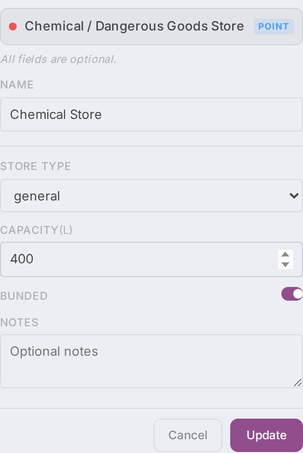 The feature edit form in the sidebar, showing the Update button (note: it reads Save when drawing a new feature).