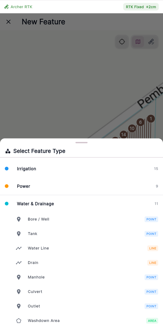 The feature type picker, opened automatically on a fresh capture, showing categories, types, and POINT/LINE/AREA geometry badges.