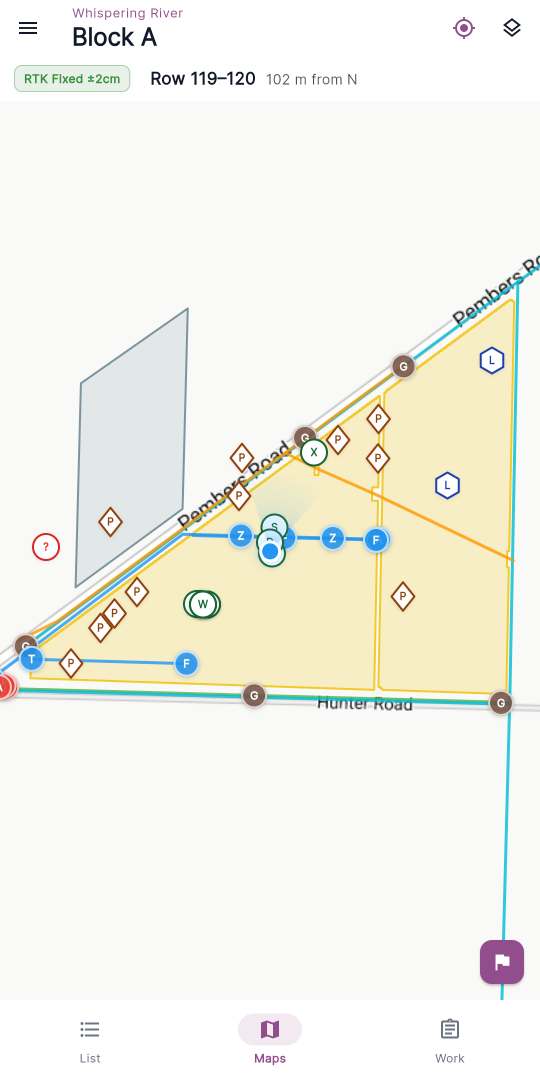 The follow button in the app bar in its active (locked-on) state, with the blue GPS dot and heading cone centred on the map.
