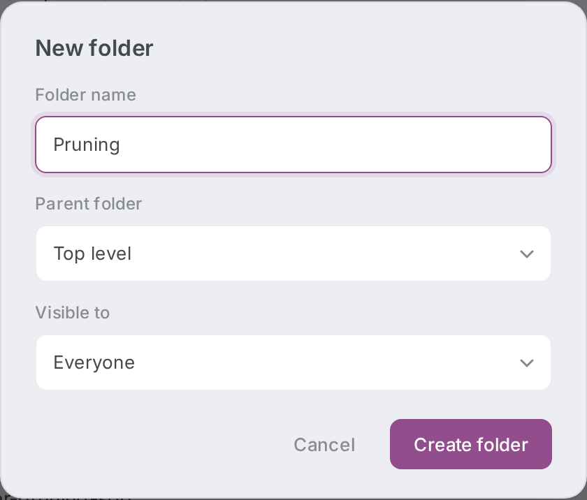 The New folder dialog with name, parent folder, and Visible to fields.