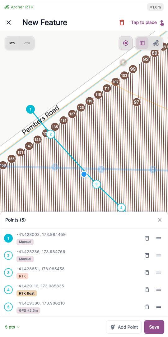 The Points drawer open over the map — header Points (5), numbered rows with coordinates, accuracy badges (RTK / RTK float / GPS ±X.Xm / Manual), delete buttons and drag handles.