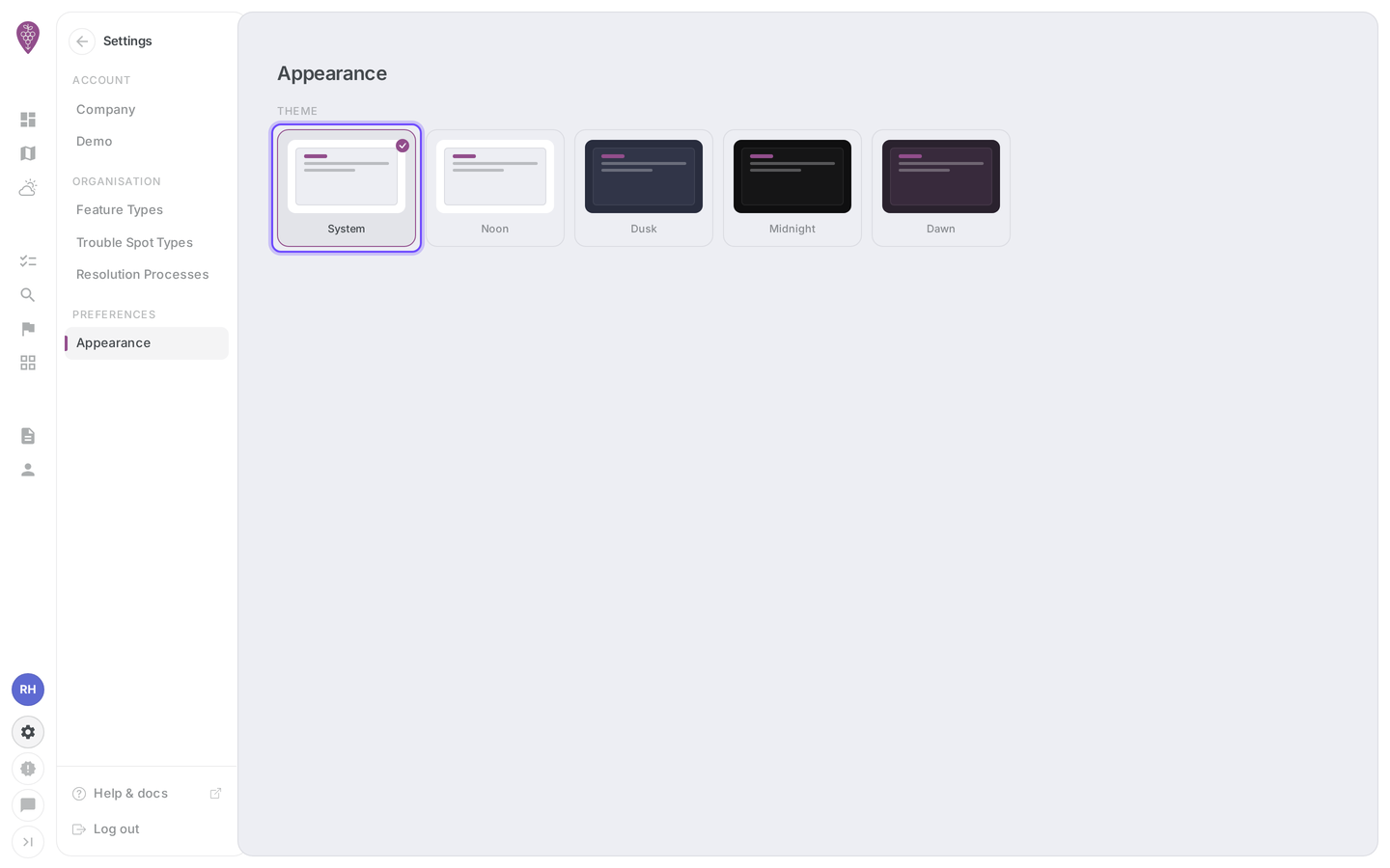 The portal Appearance page, showing the five theme tiles in a row with the active one ticked.